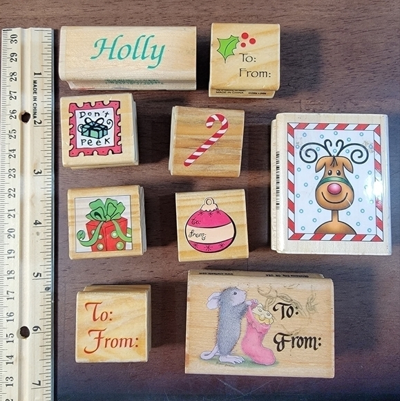 Lot of Christmas Theme Wooden Block Rubber Stamps Crafting Stamping Gift tags - Picture 7 of 10